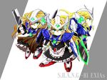  bad_id bad_pixiv_id blonde_hair gundam gundam_00 gundam_exia mecha_musume mizukiri multiple_girls parody shanghai_doll skirt sword touhou weapon 