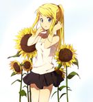  adjusting_hair bad_id bad_pixiv_id bare_shoulders blonde_hair blue_eyes flower fullmetal_alchemist long_hair ponytail riru skirt solo sunflower tank_top winry_rockbell 