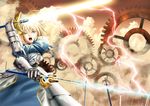  armor artoria_pendragon_(all) blonde_hair caliburn cloud darkredgear dual_wielding electricity excalibur fate/stay_night fate_(series) gears glowing glowing_sword glowing_weapon green_eyes holding saber shouting sky solo sword unlimited_blade_works weapon 