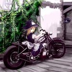  apron blonde_hair dress engrish ground_vehicle hat kirisame_marisa motor_vehicle motorcycle ranguage ribbon solo touhou tsubasa_(abchipika) witch_hat 