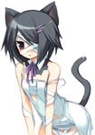  animal_ears ar_tonelico ar_tonelico_iii bandage_over_one_eye bandages bare_shoulders black_hair bow cat_ears cat_tail eyepatch filament hair_ornament hair_over_one_eye hairclip leaning_forward purple_hair sazaki_ichiri short_hair simple_background solo strap_slip tail torn_clothes 