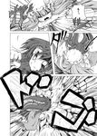  angry blood bow braid china_dress chinese_clothes comic dress explosion frown greyscale hat hong_meiling long_hair monochrome multiple_girls patchouli_knowledge punching shino_(ponjiyuusu) touhou translated twin_braids 
