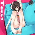  animal_ears armpits bad_feet barefoot black_hair brown_hair bunny_ears camisole chair colorized easy_chair expressionless feet hand_behind_head highres inaba_tewi ko-&gt;u legs looking_away panties polka_dot red_eyes solo toes touhou underwear yatosaki_haru 