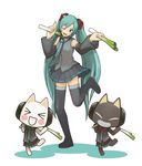  &gt;_&lt; bad_id bad_pixiv_id black_cat blue_eyes blue_hair cat closed_eyes cosplay crossover detached_sleeves doko_demo_issho hatsune_miku hatsune_miku_(cosplay) inoue_toro kuro_(doko_demo_issho) legs long_hair necktie one_eye_closed skirt spring_onion thighhighs tomohito twintails very_long_hair vocaloid zettai_ryouiki 