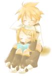  1girl blonde_hair book brother_and_sister closed_eyes detached_sleeves izumi_yuu_(mee) kagamine_len kagamine_rin siblings sleeping slippers twins vocaloid 