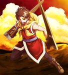  brown_eyes brown_hair gensou_suikoden gensou_suikoden_ii gloves hair_ornament jiji_(wander_plug) male_focus riou robe solo sunset tiara tonfa weapon 