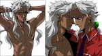  2boys 3boys armpit_hair dark_skin earrings green_eyes jewelry long_hair male male_focus multiple_boys necktie nipples ohtori_akio outori_akio shoujo_kakumei_utena tie topless white_hair 