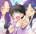  black_hair blue_hair blush brown_eyes closed_eyes face flower gloves hair_flower hair_ornament idolmaster idolmaster_(classic) kikuchi_makoto kisaragi_chihaya laughing miura_azusa multiple_girls one_eye_closed pointing pointing_at_viewer purple_hair taira_tsukune tears 