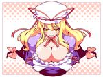  blonde_hair bow breasts cleavage downblouse ekus_(xo_ekus) elbow_gloves gap gloves hat large_breasts long_hair smile solo touhou white_gloves yakumo_yukari yellow_eyes 