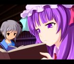  book brown_eyes crossover hat j-unit_(lilykiss) kita_high_school_uniform long_hair md5_mismatch multiple_girls nagato_yuki patchouli_knowledge purple_eyes purple_hair reading school_uniform short_hair silver_hair suzumiya_haruhi_no_yuuutsu touhou 