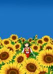  ascot blush cover_image day field flower flower_field green_hair head_tilt highres kazami_yuuka outstretched_arms plaid plaid_skirt plaid_vest red_eyes short_hair skirt skirt_set sky smile solo spread_arms sunflower touhou ume_(noraneko) vest 