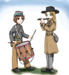  american_civil_war belt blonde_hair brown_hair canteen confederate_states_of_america drum ernest fife_(instrument) hat instrument long_hair military military_uniform multiple_girls original short_hair uniform war 