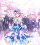  frills hat japanese_clothes kimono light_rays looking_at_viewer mob_cap pink_eyes pink_hair plant saigyouji_yuyuko sakura_ani solo spring_(season) standing sunlight touhou tree triangular_headpiece 