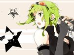  bad_id bad_pixiv_id breasts cleavage earrings elbow_gloves fingerless_gloves gloves goggles goggles_on_head green_eyes green_hair green_nails gumi hatsuko highres holography_(vocaloid) jewelry large_breasts microphone microphone_stand nail_polish short_hair solo star vocaloid wallpaper 
