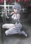  ayanami_rei blue_hair bodysuit hoshino_kouichirou neon_genesis_evangelion plugsuit railing red_eyes short_hair solo white_bodysuit 