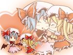  &gt;_&lt; :&lt; :d ^_^ bat_wings blonde_hair blue_hair blush bow chibi chocolate closed_eyes flandre_scarlet happy hat heart multiple_girls open_mouth red_eyes remilia_scarlet short_hair siblings sisters smile touhou valentine winecrazy wings 