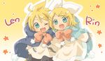  1girl aqua_eyes blonde_hair brother_and_sister hair_ornament hair_ribbon hairclip izumi_yuu_(mee) kagamine_len kagamine_rin ribbon short_hair siblings twins vocaloid younger 