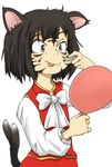  :p animal_ears animal_print ascot black_hair blush_stickers cat_ears cat_tail chen facepaint marker mirror multiple_tails no_hat no_headwear ohyo shirt short_hair simple_background skirt skirt_set solo tail tiger_print tongue tongue_out touhou vest white_background 