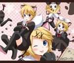  1girl animal_costume animal_ears bad_id bad_pixiv_id blonde_hair blush brother_and_sister cat_costume cat_ears cat_paws cat_tail kagamine_len kagamine_rin ki_ni_naru_ano_musume_wa_kuroneko_girl_(vocaloid) paws short_hair siblings tail thighhighs twins usako_(meco) vocaloid 