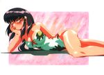  90s artist_request blush breasts chin_rest long_hair lying masaki_aeka_jurai medium_breasts on_side one-piece_swimsuit pink_background purple_hair red_eyes solo swimsuit tenchi_muyou! 
