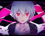  barcode_tattoo blood english ghost_rule_(vocaloid) highres mafumafu male_focus microphone niconico peneko pink_blood red_eyes solo song_name tattoo text_focus vocaloid 