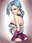  1girl blue_hair braid breasts jinx_(league_of_legends) league_of_legends pink_eyes shorts solo twin_braids twintails 