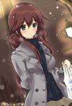  alternate_costume bag black_sweater blush braid breasts brown_hair dutch_angle green_eyes highres jacket kantai_collection lamppost long_hair medium_breasts noshiro_(kantai_collection) pantyhose plastic_bag pleated_skirt skirt smile solo sweater tonchinkan tree turtleneck twin_braids 