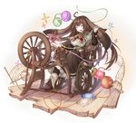  ahoge animal_ears breasts closed_eyes highres kazana_(sakuto) large_breasts long_hair original sitting smile solo spindle spinning_wheel thread wooden_floor yarn yarn_ball 