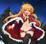  :d bikini_bottom black_legwear cagliostro_(granblue_fantasy) cape fang flat_chest granblue_fantasy hairband long_hair looking_at_viewer mou_tama_maru navel open_mouth pine_tree sky smile solo star_(sky) starry_sky thighhighs tree 