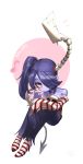  1girl blue_skin detached_collar detached_sleeves hair_over_one_eye high_heels leviathan_(skullgirls) red_eyes side_ponytail sitting skull skullgirls smoking squigly_(skullgirls) stitched_mouth stitches striped_sleeves wide_hips wootsang zombie 