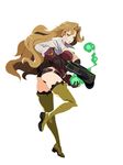  :o ass belt black_gloves boots bow_(weapon) breasts brown_hair cleavage crossbow from_side full_body gloves green_footwear green_legwear harada_takehito high_heel_boots high_heels holding holding_weapon lace large_breasts leaning_forward leg_lift leg_up light_brown_hair long_hair long_sleeves looking_at_viewer mad_raptor magic official_art popped_collar refrain_no_chika_meikyuu_to_majo_no_ryodan short_shorts shorts simple_background sleeve_cuffs smoke solo thigh_boots thighhighs very_long_hair wavy_hair weapon white_background 