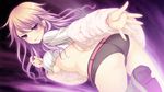  ageha_(sorcery_jokers) ass belt breasts crop_top earrings from_behind fur game_cg highres jewelry large_breasts long_hair looking_at_viewer looking_back makita_maki midriff outstretched_arm purple_eyes purple_hair ribbed_sweater ring short_shorts shorts shrug_(clothing) smile solo sorcery_jokers sweater underboob 
