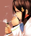  blush bonkiru brown_background brown_hair cocaine commentary crack_cocaine drugs from_side hair_ornament half-closed_eyes highres holding izumi_reina lighter long_sleeves musaigen_no_phantom_world pipe profile school_uniform simple_background smoke smoking solo upper_body 