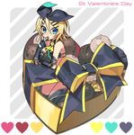  aqua_eyes bare_shoulders black_gloves blonde_hair box box_of_chocolates chocolate chocolate_heart commentary_request fingerless_gloves gift gift_box gloves hair_ornament hair_ribbon hairclip heart heart-shaped_box holding kagamine_rin kneeling looking_at_viewer negi_(ulog'be) open_mouth ribbon short_hair solo thighhighs valentine vocaloid 