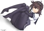  ahoge anchor_symbol ass bangs black_gloves black_legwear black_skirt breasts brown_hair chiyo_goya closed_mouth corset crotch_seam dated dutch_angle feet full_body gloves hair_between_eyes hairband hatsuzuki_(kantai_collection) highres kantai_collection leg_hug light_frown looking_at_viewer medium_breasts miniskirt no_shoes panties pantyhose pleated_skirt pointy_hair ponytail shadow short_sleeves signature silver_eyes sitting skirt solo toes underwear white_background 