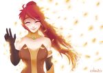  1girl armor bare_shoulders black_gloves breastplate breasts cleavage disintegration elbow gloves headpiece looking_at_viewer ponytail pyrrha_nikos red_hair rwby simple_background smile solo spoilers tears very_long_hair waving white_background 