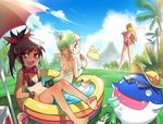  :d bad_id bad_pixiv_id barefoot bikini black_hair blonde_hair braid character_request cloud day feet food golf golf_club hand_on_hip long_hair looking_at_viewer looking_back multiple_girls octoman open_mouth outdoors palm_tree pangya ponytail popsicle red_eyes sandals sky smile summer swimsuit tan tanline tree twin_braids wading_pool water 
