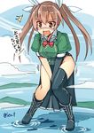  asymmetrical_legwear blush boots brown_hair covering covering_crotch elbow_gloves giantess gloves hair_ornament hair_ribbon jacket kantai_collection long_hair pelvic_curtain remodel_(kantai_collection) ribbon seo_tatsuya side_slit single_elbow_glove single_thighhigh solo tears thighhighs tone_(kantai_collection) translated twintails white_ribbon yellow_eyes 