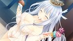  breasts cleavage closed_eyes dutch_angle food food_on_face food_on_head game_cg hair_ornament highres holding holding_food ice_cream large_breasts long_hair makita_maki naked_sweater noah_(sorcery_jokers) object_on_head silver_hair smile solo sorcery_jokers sweater 