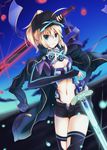  aqua_eyes artoria_pendragon_(all) black_legwear black_shorts blonde_hair dual_wielding excalibur fate/grand_order fate_(series) hat highres holding holding_sword holding_weapon long_hair looking_at_viewer midriff mysterious_heroine_x navel open_clothes open_shorts panties rojiura_satsuki:_chapter_heroine_sanctuary shinkami_hiroki shorts smile solo sword thighhighs underwear weapon 
