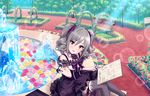  artist_request ascot bare_shoulders blush collarbone cuffs drill_hair flower fountain grey_hair grey_legwear hair_ribbon holding holding_pencil idolmaster idolmaster_cinderella_girls idolmaster_cinderella_girls_starlight_stage kanzaki_ranko lamppost looking_at_viewer official_art open_mouth park pencil pink_eyes pink_flower purple_ribbon ribbon rose_bush sketchbook sleeveless smile solo thighhighs tree twin_drills water white_flower yellow_flower 