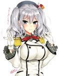  beret blush breasts buttons epaulettes frilled_sleeves frills gloves grey_eyes hat jacket kantai_collection kashima_(kantai_collection) kojima_saya large_breasts looking_at_viewer military military_uniform sidelocks silver_hair smile solo translated twintails uniform wavy_hair 