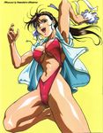  :d alternate_costume alternate_hairstyle arm_up armpits arms_up artist_name bangs bikini black_eyes black_hair breasts breasts_apart brown_hair bun_cover capcom chun-li cleavage double_bun erect_nipples floating_hair from_below hair_down happy highres holding hood hoodie jacket large_breasts leg_lift legs long_hair looking_at_viewer mound_of_venus nail_polish navel o-ring_bikini o-ring_top official_art ooshima_yasuhiro open_clothes open_hoodie open_mouth pink_nails red_bikini ribbon shiny shiny_skin simple_background skindentation slender_waist sling_bikini smile solo street_fighter street_fighter_ii swimsuit thighs underboob wide_hips yellow_background 
