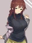  baffu bangs black_sweater blush braid breasts brown_hair green_eyes highres jacket kantai_collection large_breasts long_hair long_sleeves looking_at_viewer noshiro_(kantai_collection) off_shoulder pleated_skirt ribbed_sweater skirt solo sweater turtleneck upper_body yellow_skirt 