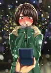  black_hair blush brown_eyes chagataaa coat commentary couple covering_mouth full-face_blush open_mouth original pov proposal pun ring_box short_hair sleeves_past_wrists snow solo_focus tears 