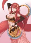  arm_up bare_shoulders breasts bridal_gauntlets cleavage dual_wielding hair_ornament hairclip highres holding jiffic lamia large_breasts long_hair looking_at_viewer miia_(monster_musume) monster_girl monster_musume_no_iru_nichijou navel pointy_ears red_hair scales simple_background slit_pupils smile solo weapon yellow_eyes 