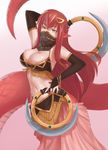  arm_up bare_shoulders breasts bridal_gauntlets chakram cleavage dual_wielding hair_ornament hairclip highres holding jiffic lamia large_breasts long_hair looking_at_viewer miia_(monster_musume) monster_girl monster_musume_no_iru_nichijou navel pointy_ears red_hair scales simple_background slit_pupils smile solo veil weapon yellow_eyes 