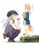  animal_ear_fluff animal_ears black_hat blonde_hair blue_eyes blush boots camera closed_mouth eating food fox_ears fox_tail frown hat hood jitome looking_at_another looking_down looking_up multiple_girls mushroom necktie original pantyhose poco_(asahi_age) red_eyes shiratama_kitsune shirt shorts simple_background tail translated white_background white_hair white_shirt 