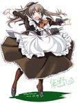  aa_gun adapted_costume alternate_costume apron aqua_eyes brown_hair brown_legwear cannon enmaided hair_ornament high_ponytail kantai_collection kumano_(kantai_collection) long_hair machinery maid open_mouth pantyhose ponytail rigging solo tatsumi_ray thighhighs turret 