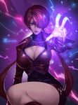  breasts cleavage cleavage_cutout cropped_jacket dark_persona dark_skin earrings electricity hair_over_eyes highres jewelry large_breasts leotard lipstick long_hair makeup miniskirt orochi_shermie purple_hair shermie skirt solo split_ponytail the_king_of_fighters twintails xiaoguimist 